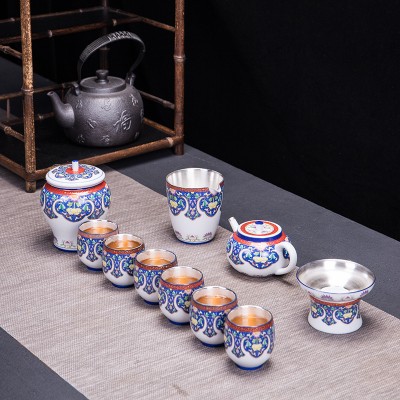 Pure silver Kung Fu tea set, blue and white porcelain set of ceramic teapot