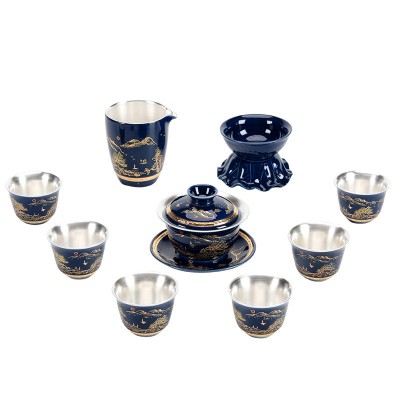 Gilt Silver Tea Set Household Kung Fu Silver Tea Cup Imitation Enamel Set